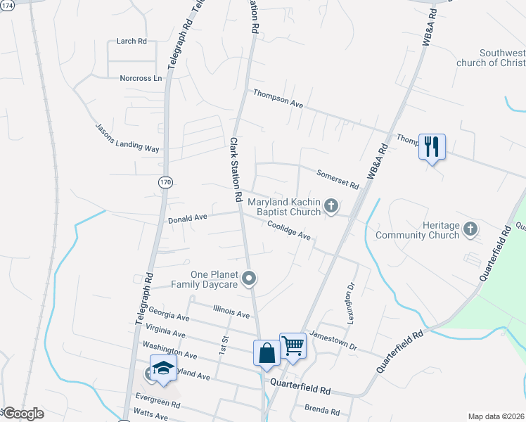 map of restaurants, bars, coffee shops, grocery stores, and more near 1638 Coolidge Avenue in Severn