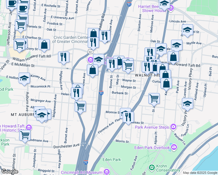 map of restaurants, bars, coffee shops, grocery stores, and more near 2349 Boone St in Cincinnati