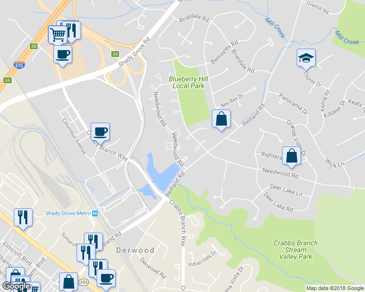 map of restaurants, bars, coffee shops, grocery stores, and more near 7701 Fawn Court in Rockville