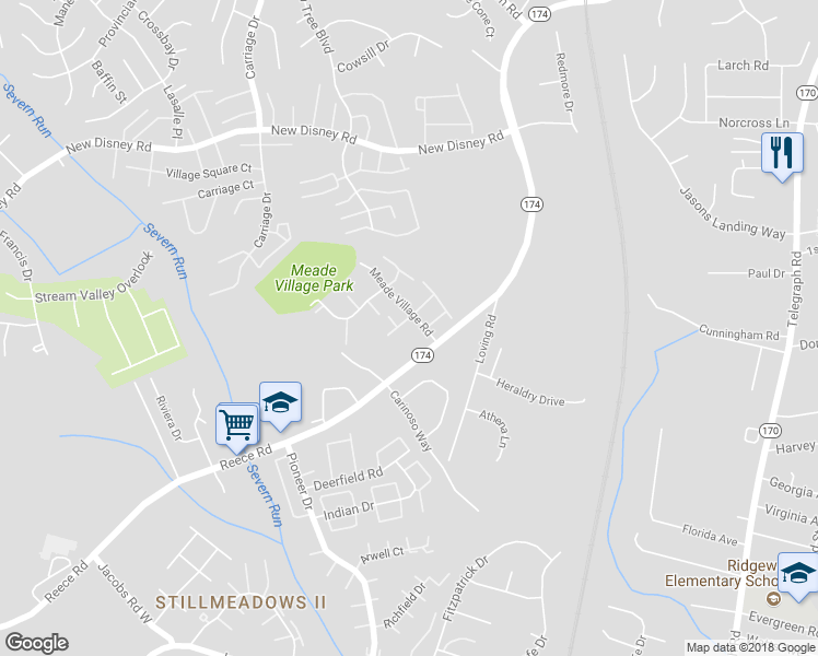 map of restaurants, bars, coffee shops, grocery stores, and more near 1703 Barnett Court in Severn