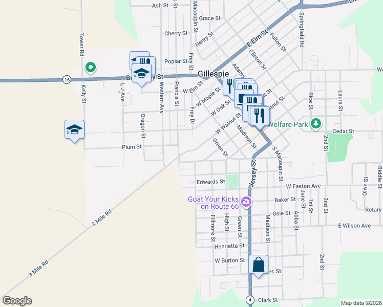 map of restaurants, bars, coffee shops, grocery stores, and more near 502 West Walnut Street in Gillespie