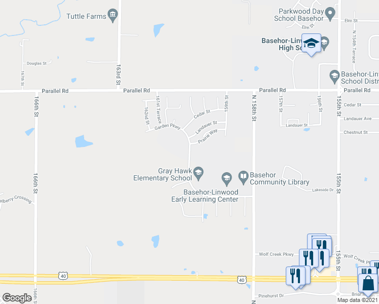 map of restaurants, bars, coffee shops, grocery stores, and more near Garden Parkway in Basehor