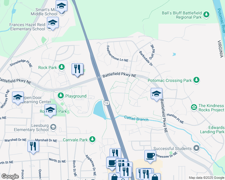 map of restaurants, bars, coffee shops, grocery stores, and more near 1216 James Rifle Court Northeast in Leesburg