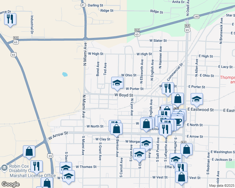 map of restaurants, bars, coffee shops, grocery stores, and more near 411 North Benton Avenue in Marshall