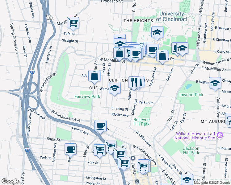 map of restaurants, bars, coffee shops, grocery stores, and more near 255 Warner Street in Cincinnati