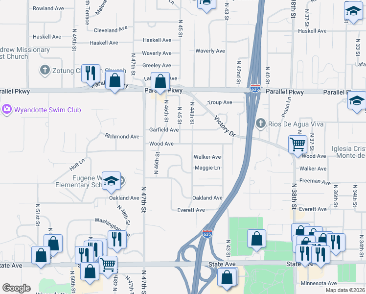 map of restaurants, bars, coffee shops, grocery stores, and more near 4417 Wood Avenue in Kansas City