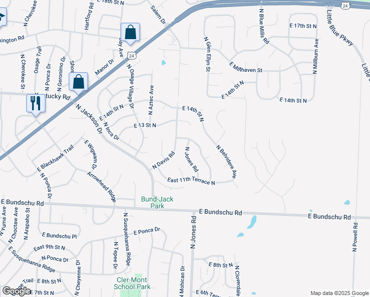 map of restaurants, bars, coffee shops, grocery stores, and more near 1216 Jones Road in Independence