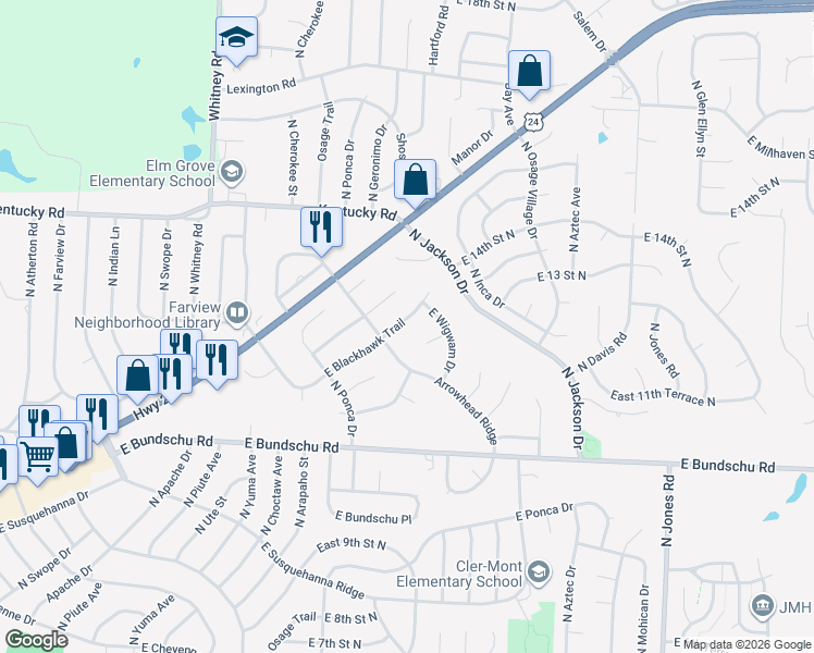 map of restaurants, bars, coffee shops, grocery stores, and more near 18714 East Blackhawk Trail in Independence