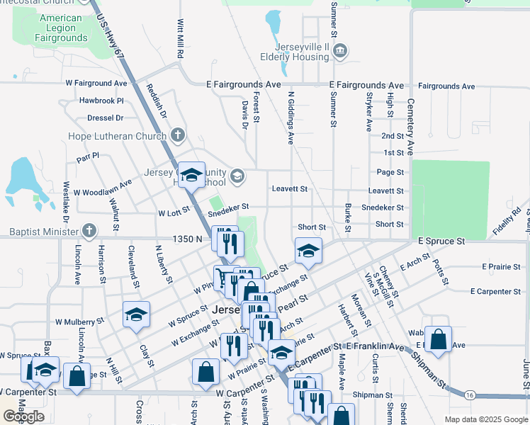 map of restaurants, bars, coffee shops, grocery stores, and more near 608 Pleasant Street in Jerseyville