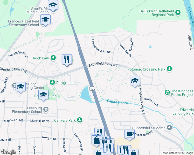 map of restaurants, bars, coffee shops, grocery stores, and more near 1216 James Rifle Court Northeast in Leesburg