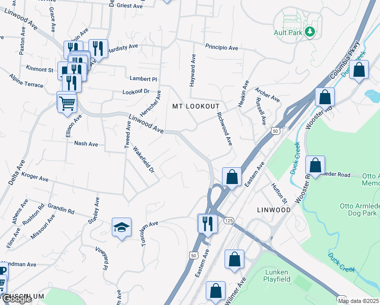 map of restaurants, bars, coffee shops, grocery stores, and more near 3549 Linwood Avenue in Cincinnati