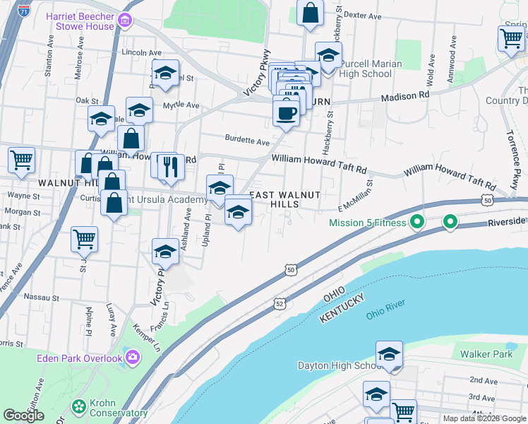 map of restaurants, bars, coffee shops, grocery stores, and more near 2417 Salutaris Avenue in Cincinnati