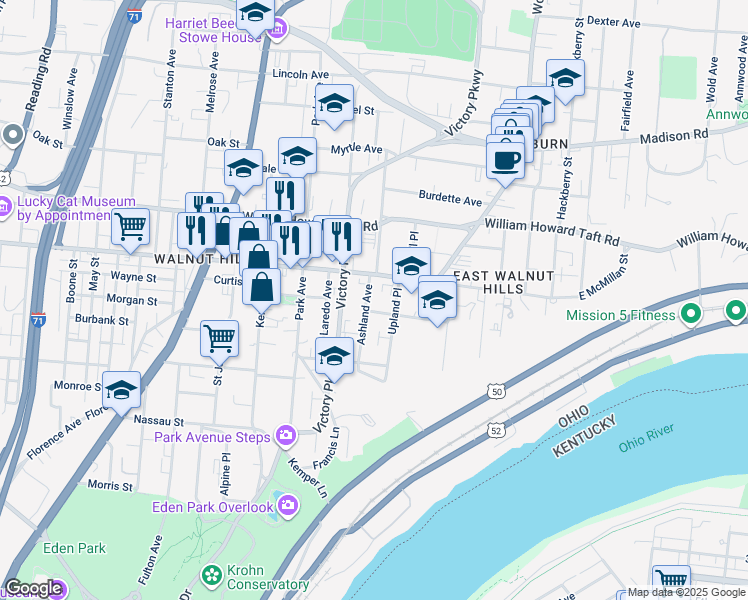 map of restaurants, bars, coffee shops, grocery stores, and more near 2406 Ashland Avenue in Cincinnati