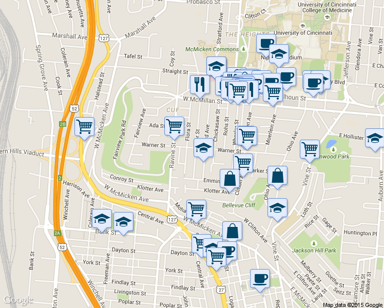 map of restaurants, bars, coffee shops, grocery stores, and more near in Cincinnati