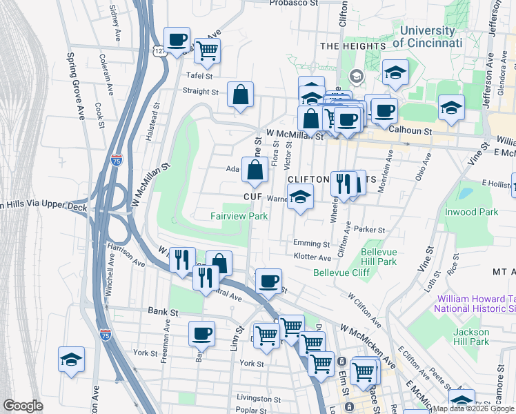 map of restaurants, bars, coffee shops, grocery stores, and more near 2249 Flora Street in Cincinnati