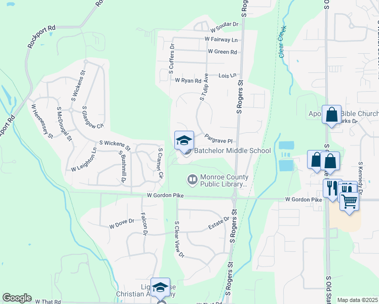 map of restaurants, bars, coffee shops, grocery stores, and more near 601-699 W Whitethorn Way in Bloomington