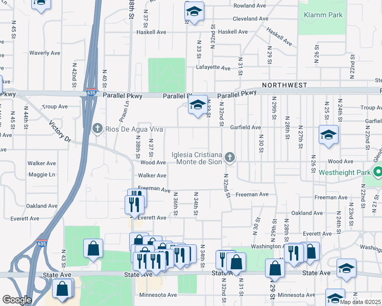 map of restaurants, bars, coffee shops, grocery stores, and more near 3313 Richmond Avenue in Kansas City