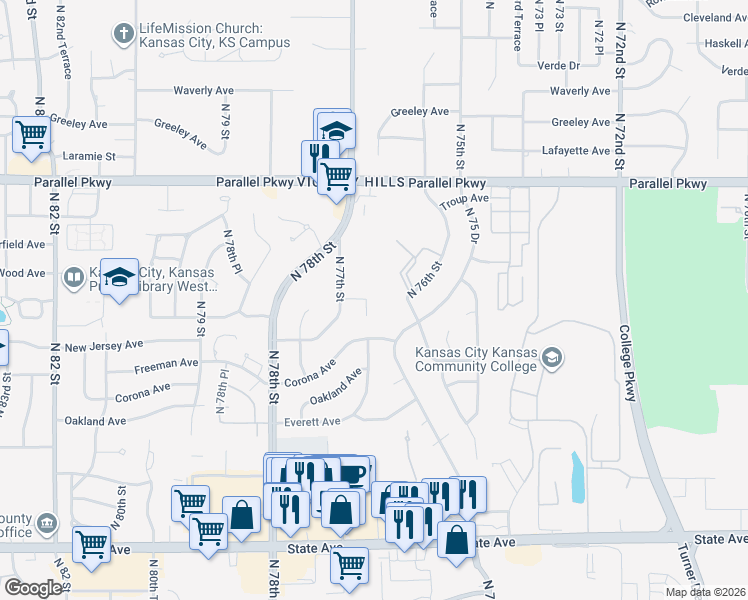 map of restaurants, bars, coffee shops, grocery stores, and more near 1717 North 76th Terrace in Kansas City