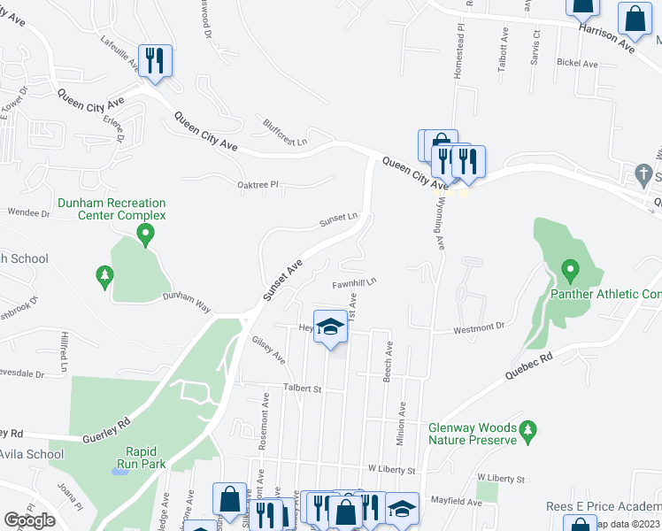 map of restaurants, bars, coffee shops, grocery stores, and more near 1860 Sunset Avenue in Cincinnati