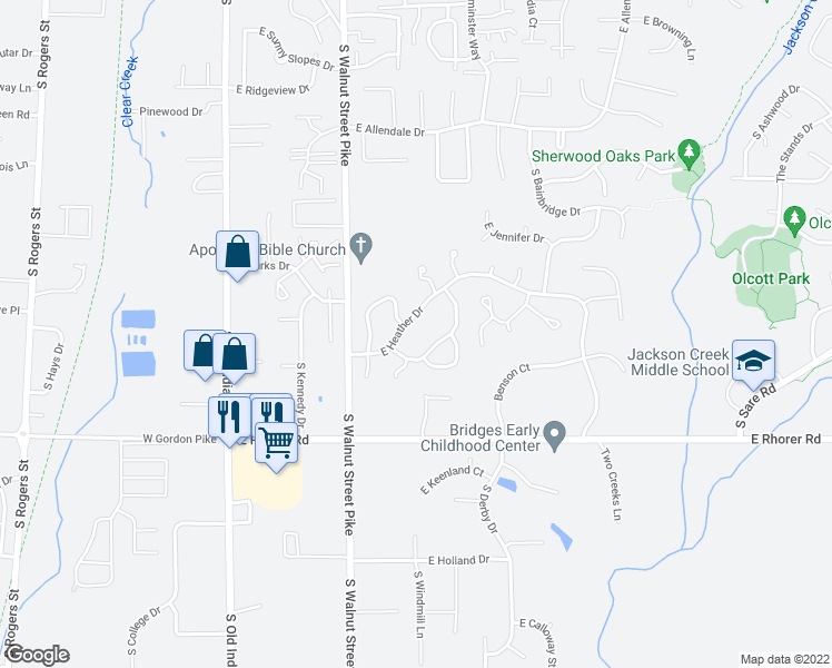 map of restaurants, bars, coffee shops, grocery stores, and more near 654 East Heather Drive in Bloomington