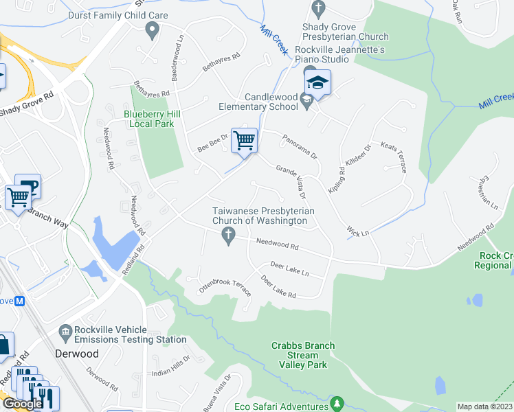 map of restaurants, bars, coffee shops, grocery stores, and more near 16407 Deer Lake Road in Rockville