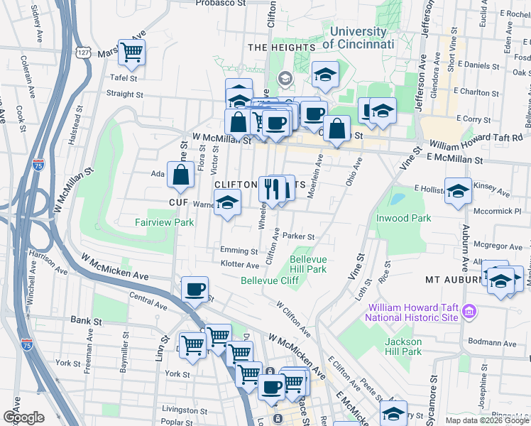map of restaurants, bars, coffee shops, grocery stores, and more near 2250 Wheeler Street in Cincinnati