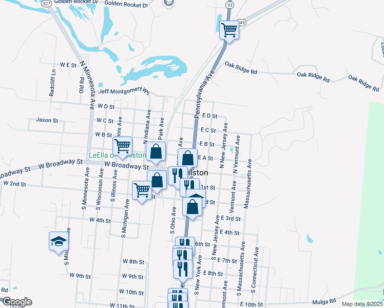map of restaurants, bars, coffee shops, grocery stores, and more near 103 Pennsylvania Avenue in Wellston