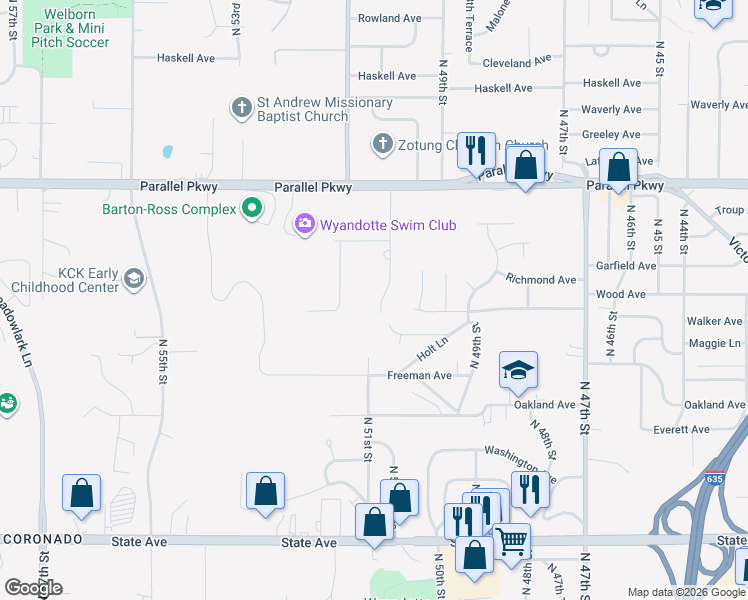 map of restaurants, bars, coffee shops, grocery stores, and more near 1732 North 50 Terrace in Kansas City
