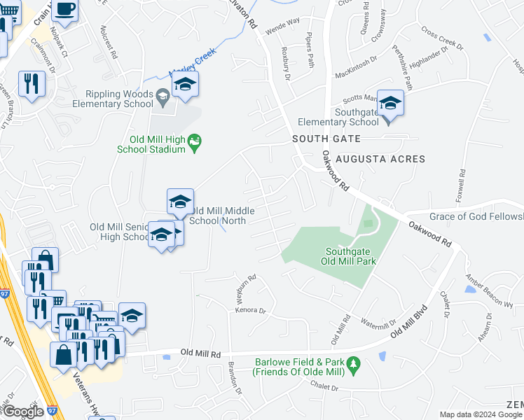 map of restaurants, bars, coffee shops, grocery stores, and more near 453 Aventura Court in Glen Burnie