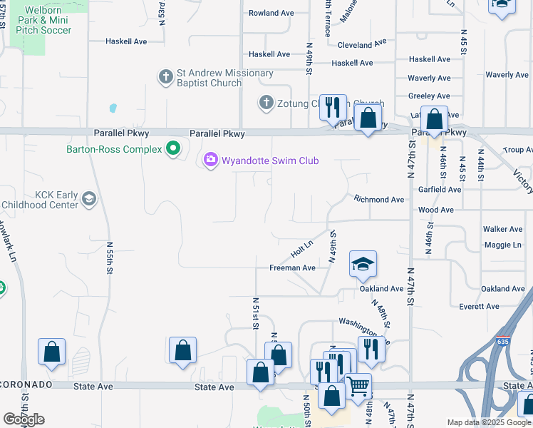 map of restaurants, bars, coffee shops, grocery stores, and more near 1732 North 50 Terrace in Kansas City