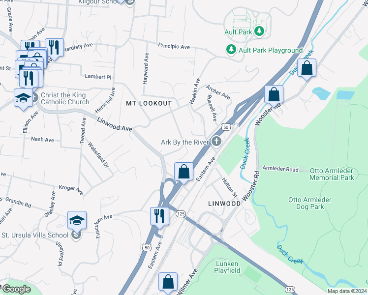 map of restaurants, bars, coffee shops, grocery stores, and more near 1025 Richwood Circle in Cincinnati