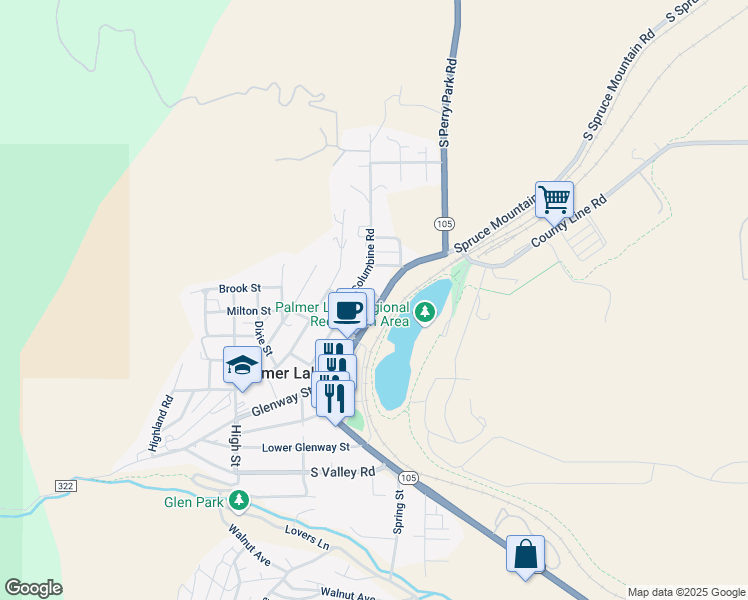 map of restaurants, bars, coffee shops, grocery stores, and more near 304 Colorado 105 in Palmer Lake