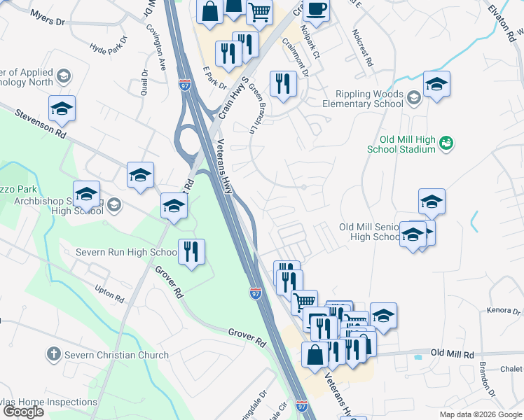 map of restaurants, bars, coffee shops, grocery stores, and more near 700 Gael Court in Glen Burnie