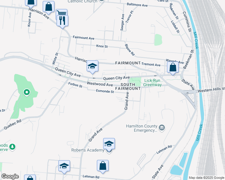 map of restaurants, bars, coffee shops, grocery stores, and more near 1732 Esmonde Street in Cincinnati