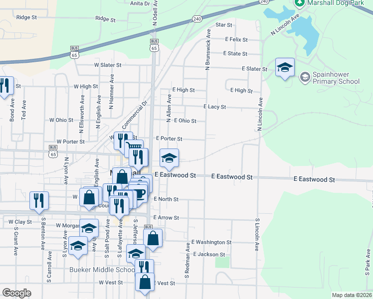 map of restaurants, bars, coffee shops, grocery stores, and more near 300-598 East Porter Street in Marshall