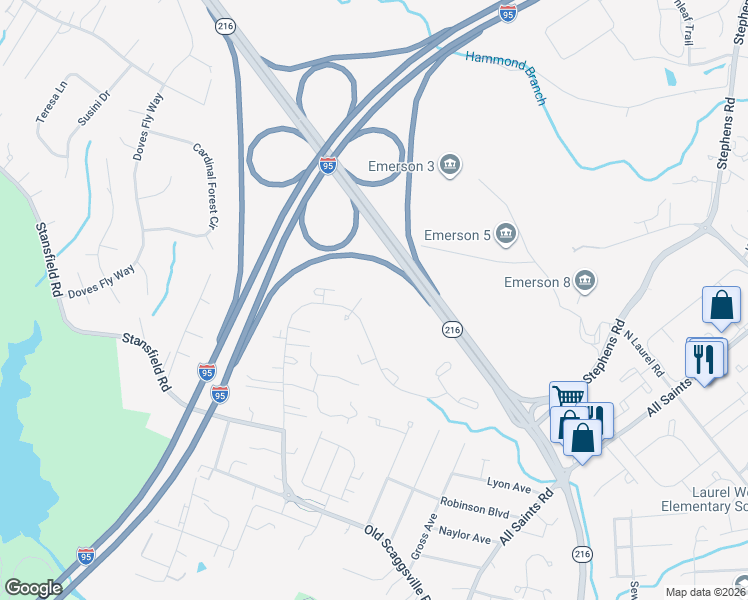 map of restaurants, bars, coffee shops, grocery stores, and more near 8820 Castlebury Court in Laurel