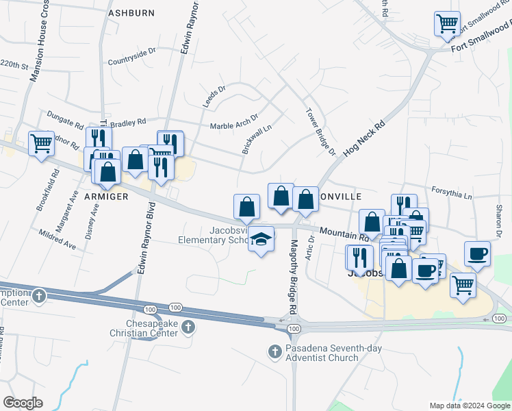map of restaurants, bars, coffee shops, grocery stores, and more near 3725 Mountain Road in Pasadena