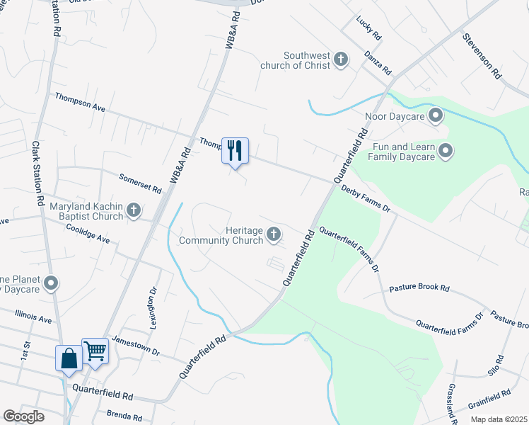map of restaurants, bars, coffee shops, grocery stores, and more near 1226 Parish Hill Lane in Severn