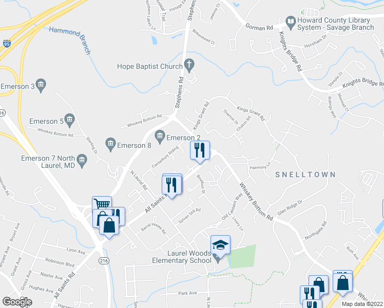 map of restaurants, bars, coffee shops, grocery stores, and more near 9028 Canterbury Riding in Laurel