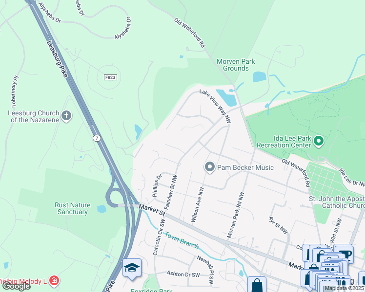 map of restaurants, bars, coffee shops, grocery stores, and more near 303 Riding Trail Court in Leesburg