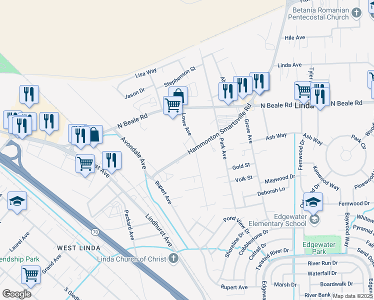 map of restaurants, bars, coffee shops, grocery stores, and more near 1481 Hammonton Smartsville Road in Linda