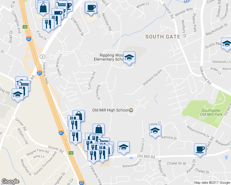 map of restaurants, bars, coffee shops, grocery stores, and more near 581 Nolview Ct in Glen Burnie