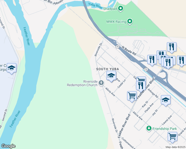 map of restaurants, bars, coffee shops, grocery stores, and more near 5878 Riverside Drive in Olivehurst