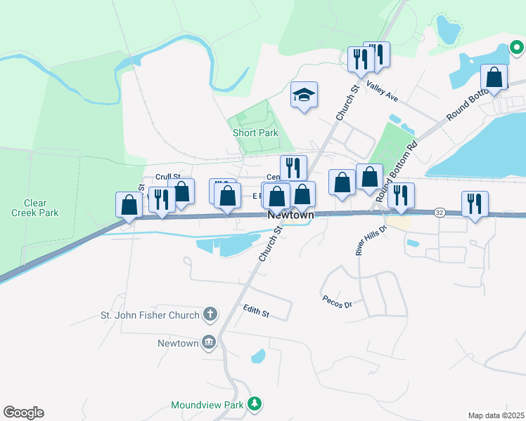 map of restaurants, bars, coffee shops, grocery stores, and more near 6858 Main Street in Newtown