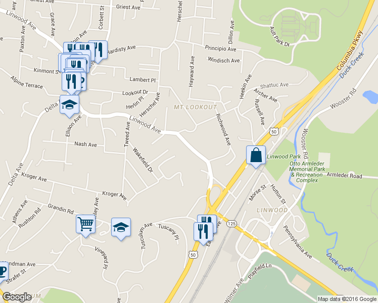 map of restaurants, bars, coffee shops, grocery stores, and more near 3549 Linwood Avenue in Cincinnati