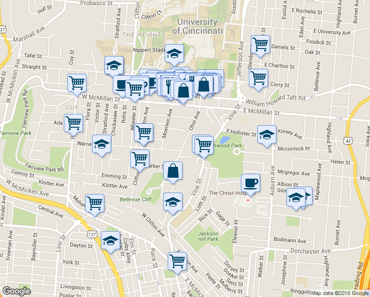 map of restaurants, bars, coffee shops, grocery stores, and more near 2330 Ohio Avenue in Cincinnati