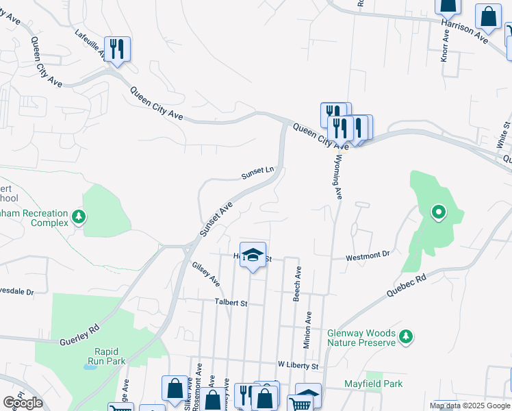 map of restaurants, bars, coffee shops, grocery stores, and more near 1860 Sunset Avenue in Cincinnati
