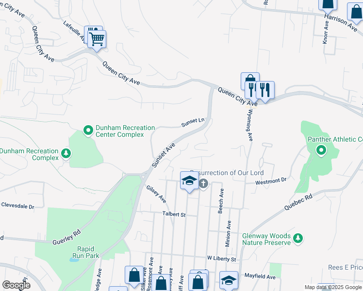 map of restaurants, bars, coffee shops, grocery stores, and more near 1852 Sunset Avenue in Cincinnati