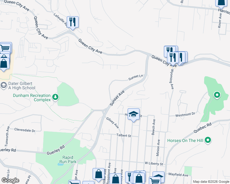 map of restaurants, bars, coffee shops, grocery stores, and more near 1872 Sunset Avenue in Cincinnati