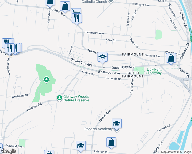map of restaurants, bars, coffee shops, grocery stores, and more near 1805 Forbus Street in Cincinnati